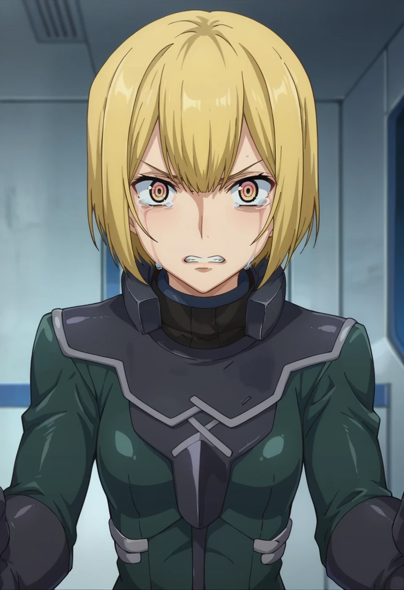 score_9,score_8_up,score_7_up,anime coloring BREAK source_anime,anime,<lora:Louise_Halevy_Gundam_00_Pony:0.8>,louise,1girl,solo,(innovator eyes:1.1),blonde hair,short hair,pilot suit,angry,crying with eyes open,clenched_teeth,reaching_out,indoors,upper_body,looking_at_viewer,