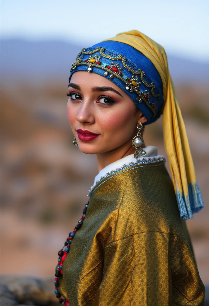 Moroccan version of Girl with a Pearl Earring, wearing traditional tasfift, and headdress, (best quality, masterpiece:1.4), (ultra high resolution:1.4), extremely detailed .,adrr-tsfft