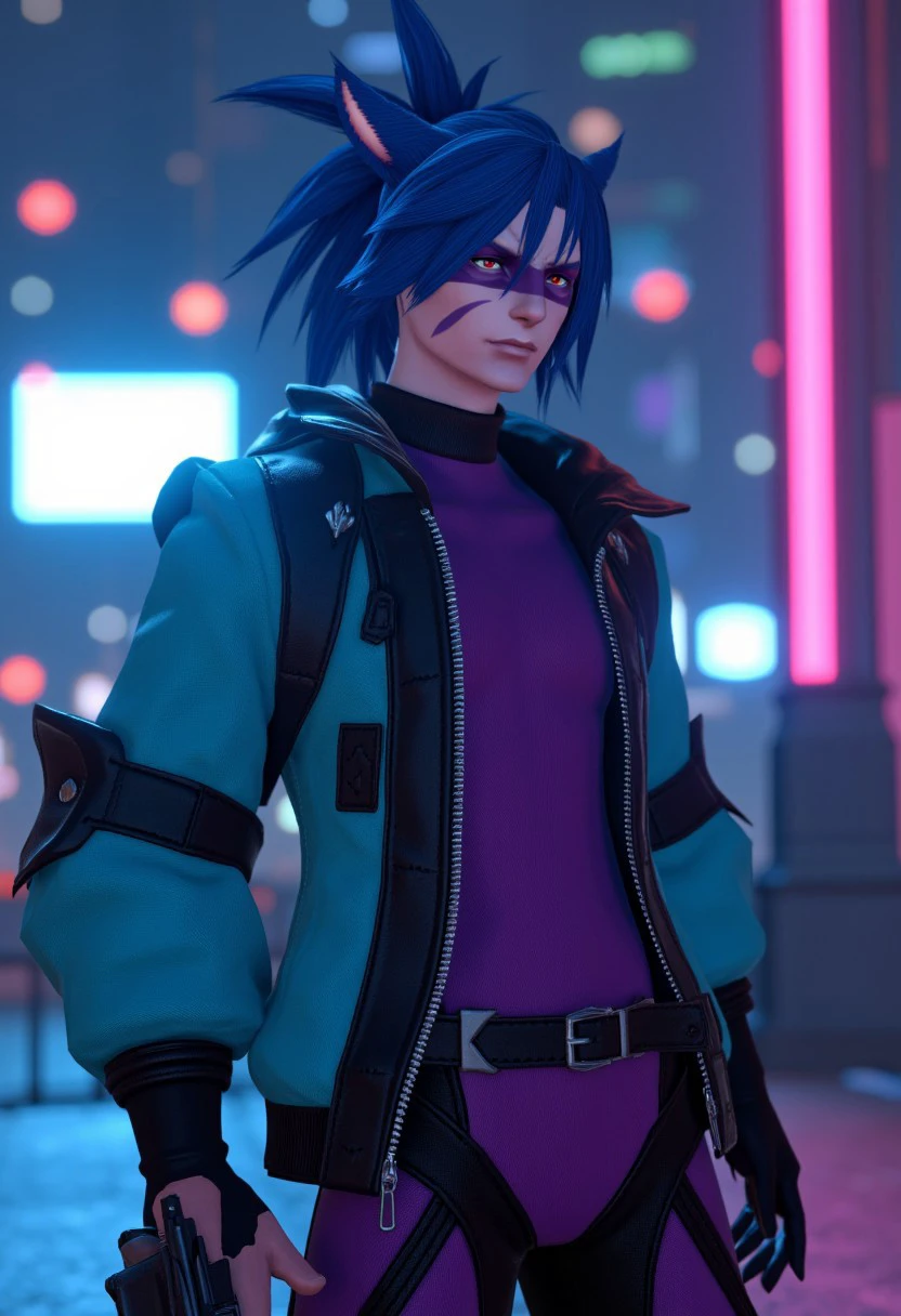 A cinematic shot, face2_xiv, miqo'te, 1boy, male focus, blue hair, red eyes, cat ears, animal ear fluff, miqo'te, purple and black bodysuit, , weapon holding, gun in hand, very long hair, zipper, leather jacket, teal jacket, neon , city background, futurism, cinematic lighting,depth of field, subsurface scattering, MXAA, ultrasharp , fantasy vibes, spotlight, rembrandt lighting, neon sparkles,, 3d, final fantasy xiv, fantasy