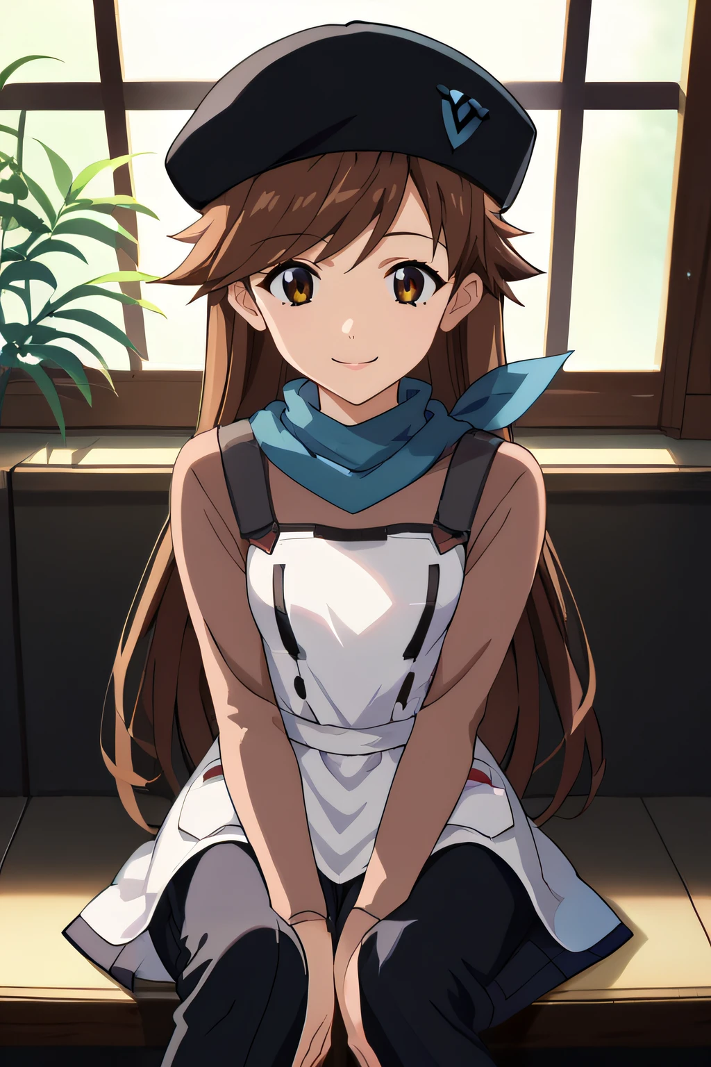 score_9, score_8_up, score_7_up, source_anime, rating_safe, intricate details, anime screencap, official style, 1girl, <lora:Suzuhara_Sakura:1>, sakura, brown hair, brown eyes, long hair, blue scarf, black beret, black pants, brown shirt, white apron, smile, hands on knees, sitting, indoor