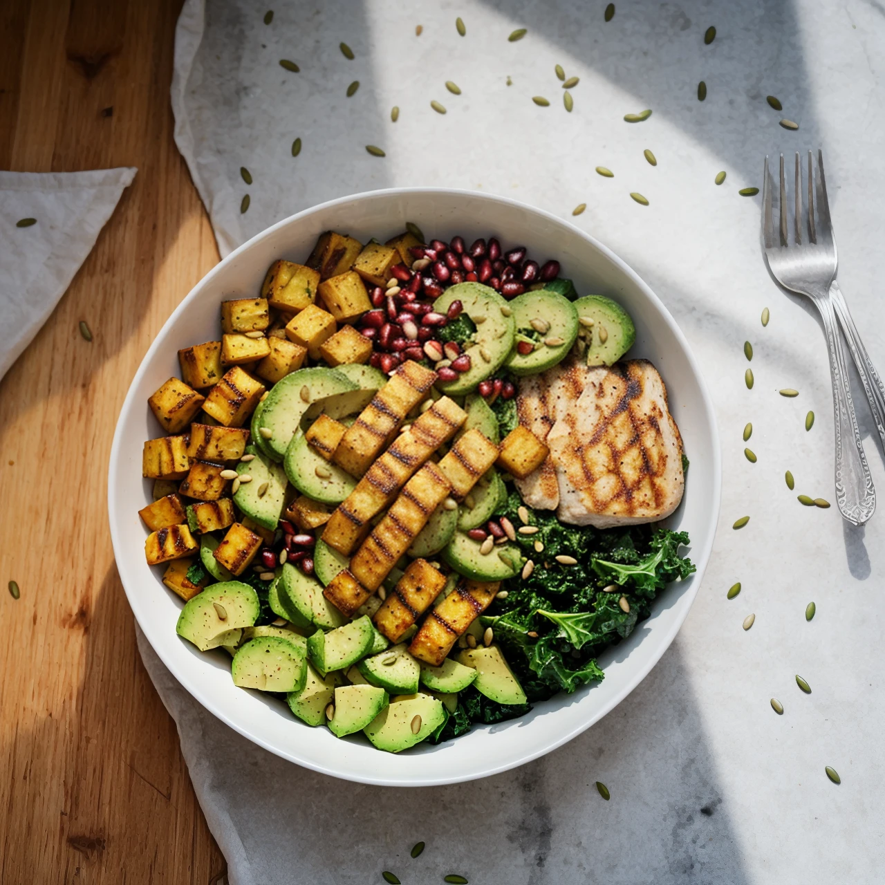 A lavish gourmet scene featuring a well-balanced Buddha bowl. The bowl is filled with vibrant roasted sweet potatoes, quinoa, crisp kale, sliced avocado, and a generous portion of grilled chicken breast. Drizzled with a creamy tahini lemon dressing and garnished with pomegranate seeds and a sprinkle of sunflower seeds. The meal is placed on a textured ceramic bowl, set against a minimalist wooden table, with soft sunlight streaming through a window, casting gentle shadows on the fresh ingredients.