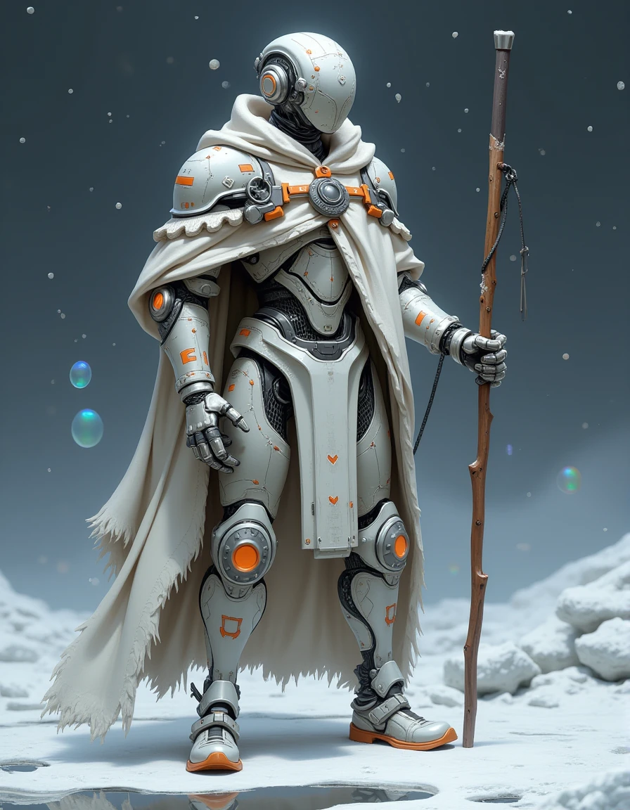 reate a hyper-realistic, ultra-detailed full-body portrait of an advanced humanoid robot standing against a stark, blizzard-stricken landscape at night holding a long wooden ornate shepherd's staff. The robot has a white and grey weathered exterior with scratches, intricate orange accents on joints and panels and a long white linen snow paisley poncho with intricate circuits and LED lights. Its humanoid face is mechanical with deep-set, expressive eyes. Snowflakes cling to its surface, each flake visible on armored plates. The robot's posture is noble, equipped with survival tools and sensory equipment. Around it, a rainbow aura encapsulates the robot, and optical illusion-patterned bubbles float in the icy air. A reflective surface nearby captures the robot's image, blending with the snowy backdrop, creating a mystical, enigmatic aura. <lora:K-popNijiV.2_000001000:0.75>