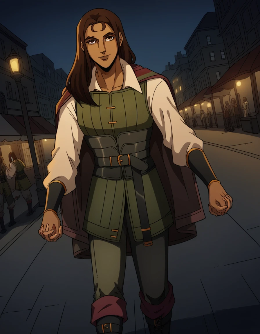 score_9, score_8_up, score_7_up, source_anime, <lora:castlevania-greta-ponyxl-lora-nochekaiser:1>, greta, long hair, brown hair, brown eyes, dark skin, dark-skinned female,, shirt, long sleeves, white shirt, boots, belt, pants, cape, black footwear, vest, knee boots,, city street, evening, streetlights, walking dog, quiet neighborhood, gentle breeze, smile, looking at viewer, hand holding a pencil, solo,, cowboy shot, dutch angle