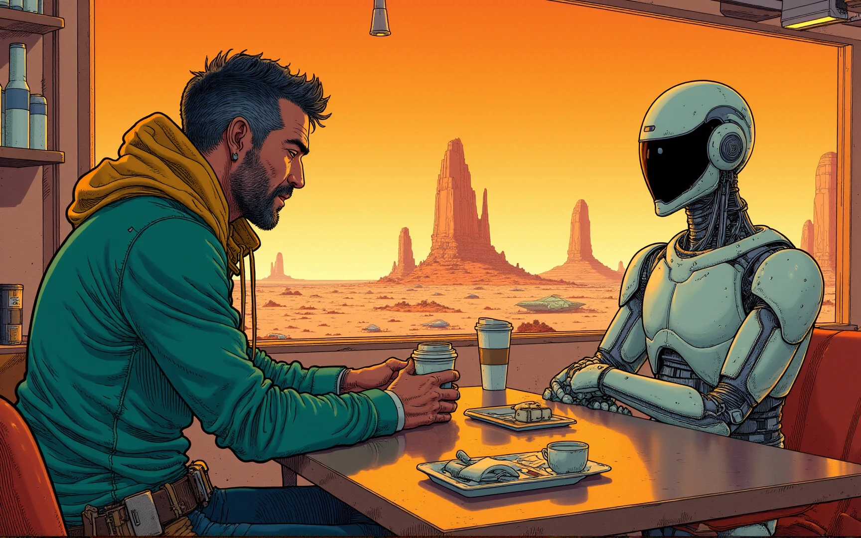 A man chatting with an android at a coffee shop on the planet Mars in the 28th Century.  <lora:MoebiusFlux_v1:0.8> art, moebius, moebius-style