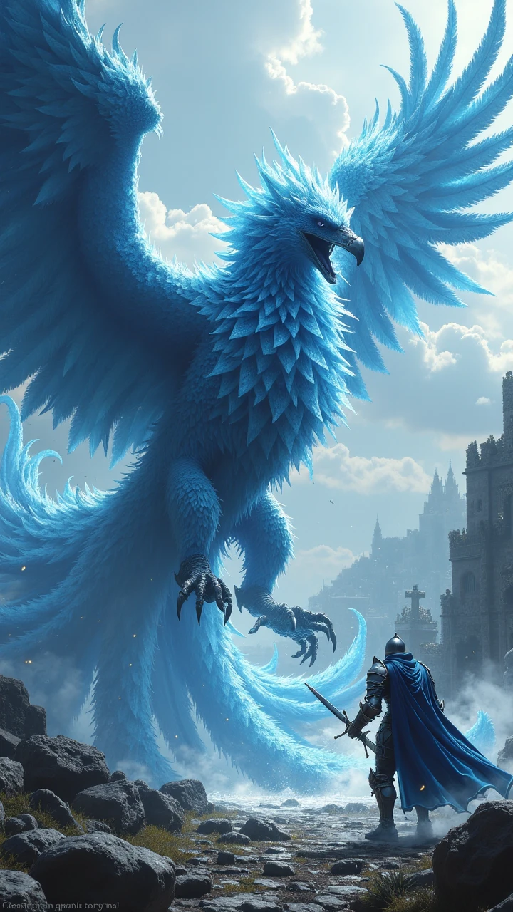an action shot of a knight fighting a giant fantasy ice phoenix, graveyard in background, Bosstyle, hkstyle, HD, masterpiece, best quality, hyper detailed, ultra detailed, super realistic, bosstyle <lora:FluxBossBattle:0.9>
