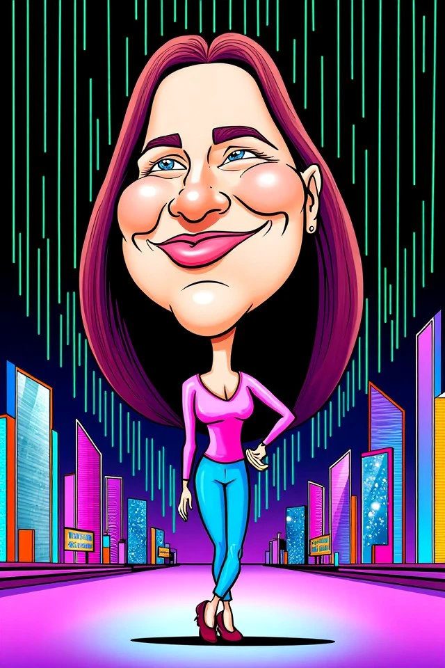 crctfl style, woman standing, face, exaggerated, expressive, comedy, parody, illustration, Futuristic cityscape and neon lights and rain 
<lora:flux_events_Caricature_crctfl_style:1>