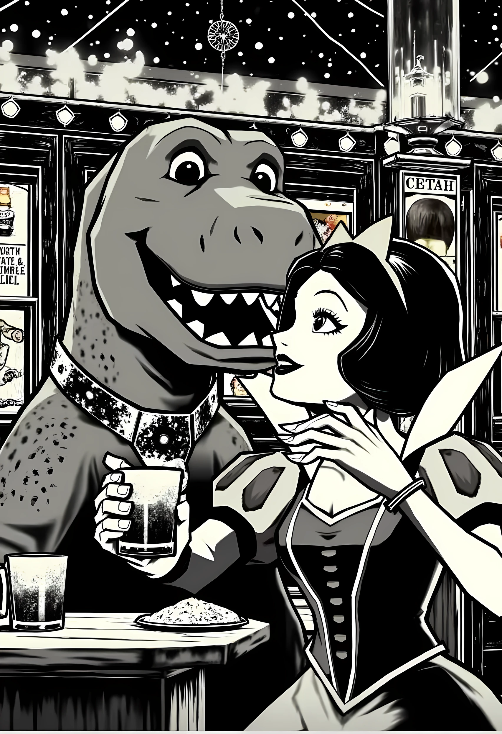 madworldstyle, monochrome, Barney the dinosaur and Snow White getting drunk together at a pub. 