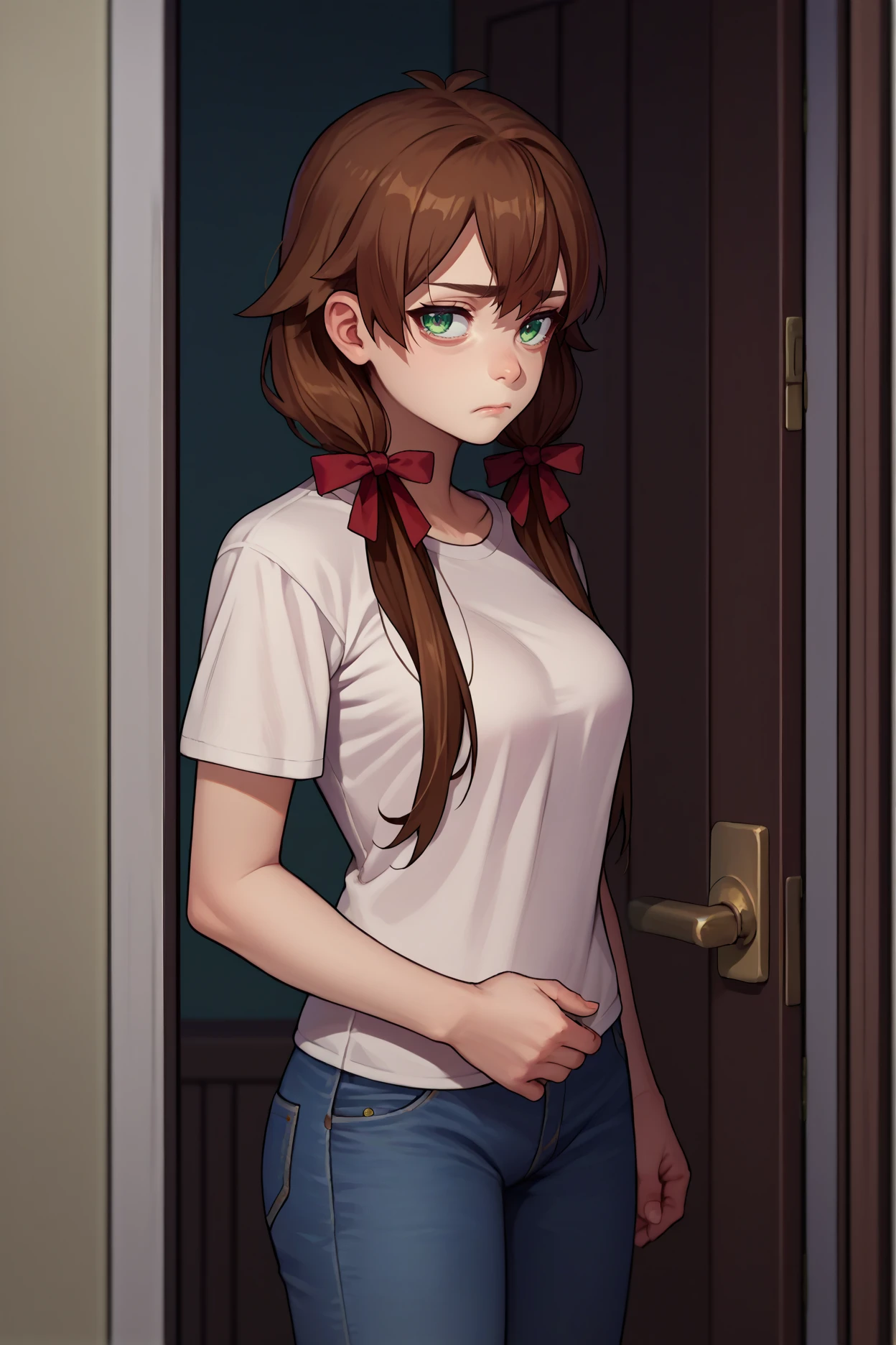 score_9, score_8_up, score_7_up, score_6_up, source_anime, 1girl, solo,  <lora:roroaamidonia-pdxl-nvwls-v1-000005:1> roroa, brown hair, long hair, low twintails, green eyes, hair ribbon, white t-shirt, jeans, tired, looking at you, medium breasts, door