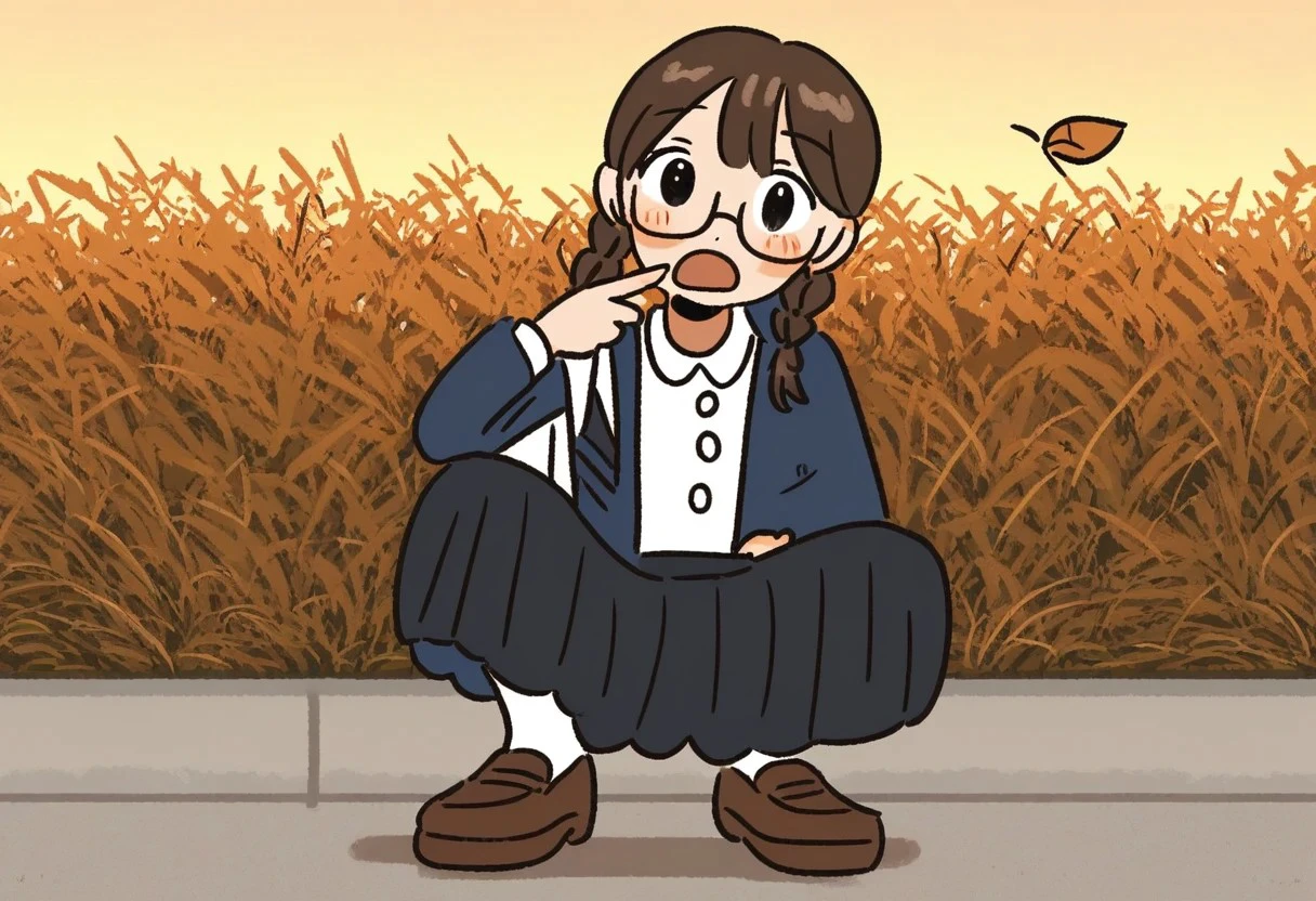 1girl, solo, long hair, looking at viewer, blush, open mouth, skirt, brown hair, shirt, long sleeves, twintails, jacket, white shirt, braid, pleated skirt, outdoors, shoes, glasses, socks, collared shirt, black skirt, bag, :o, black eyes, twin braids, tree, shadow, leaf, brown footwear, squatting, grass, white socks, pointing, loafers, sunset,