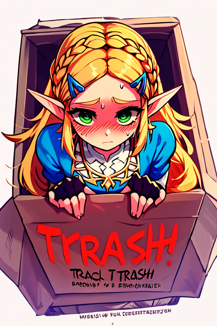 score_9, score_8_up, score_8, BREAK, <lora:Trash_Waifu_PDXL:1.0>, zzTrashWaifu, in trash can, princess zelda, long hair, crown braid, hairclip, pointy ears, blue shirt, long sleeves, fingerless gloves, black gloves, black pants, tight pants, green eyes, sad, blush, simple background, hair ornament, white background, hair between eyes, sweat, shaded face, box, @_@, cardboard box, gloom (expression), in box, red text, the word trash, (text focus, the word trash:1), BREAK, embedding:zPDXL, Expressiveh, <lora:CatalystStylePDXL:0.6>, <lora:SDXLFaeTastic2400:0.5>, <lora:Expressive_H-000001:0.4>,