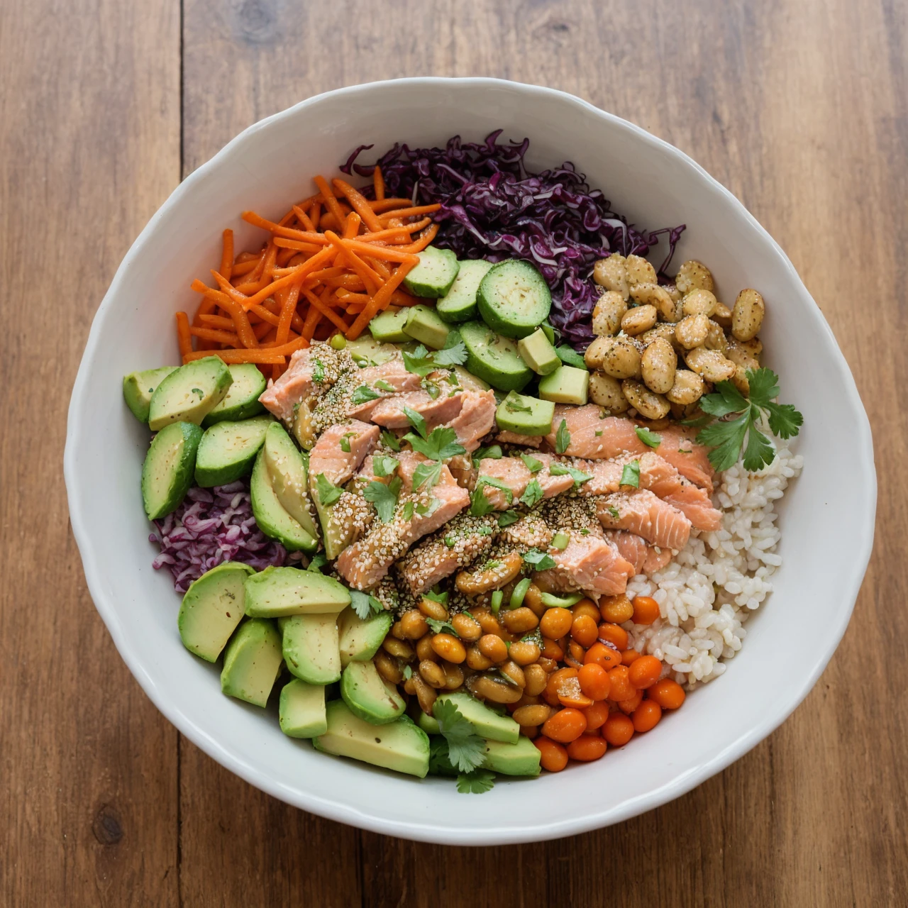 An artistic presentation of a vibrant and colorful Poké Bowl, featuring perfectly sliced raw salmon and tuna on a bed of fluffy brown rice, surrounded by an array of fresh vegetables like avocado, edamame, shredded carrots, and red cabbage. Topped with sesame seeds, nori strips, and a drizzle of golden soy sauce, the bowl is arranged beautifully with delicate pickled ginger on the side. The scene is set on a rustic wooden table, with soft natural light highlighting the freshness and textures of the ingredients