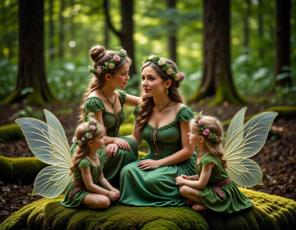 <lora:fairy_forest:1>,photography of multiple fairies, sitting,