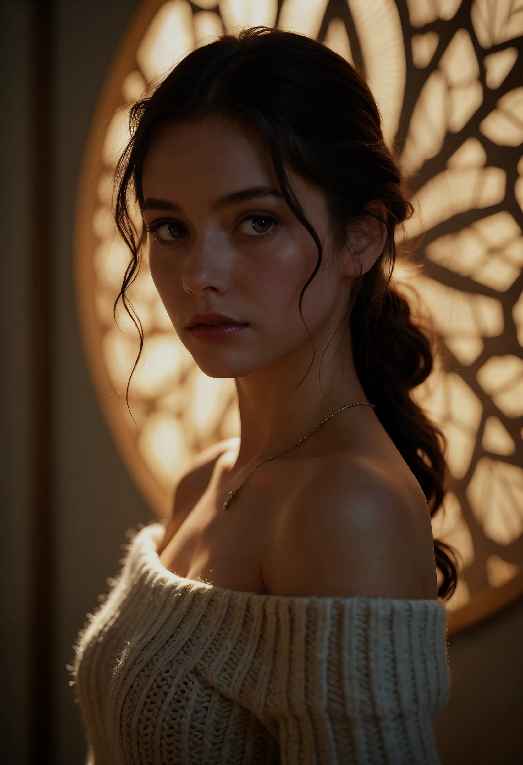 A photograph taken with a Canon EOS 5D Mark IV (Full-Frame DSLR) using a large aperture lens (f/1.2) and a high-resolution sensor, capturing an alluring goddess, an exotic girl in an off-shoulder sweater with a mystifying gaze, against a fading backlit background, features soft, diffused lighting emphasizing backlighting, intricate geometric patterns, and a soft bokeh effect, creating a surreal atmosphere, balanced composition, deep fine borders, a slightly elevated camera angle, and a close-up framing, resulting in an artistic photorealistic image with surreal elements in the style of Annie Leibovitz and Tim Walker, transporting the viewer into a world of dreams and fantasy.