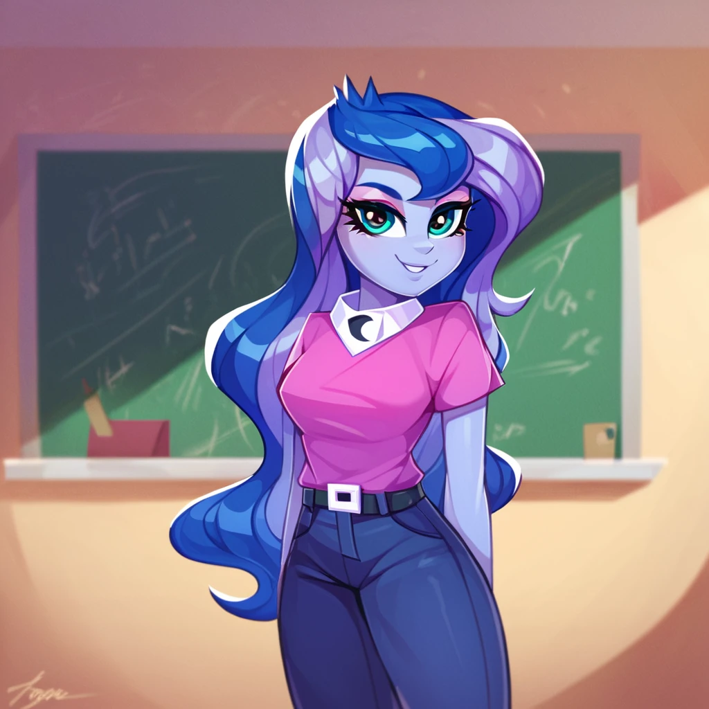 score_9_up, score_8_up, score_7, score_6_ Vice Principal Luna \(eg\), high quality, best quality, 1girl, classroom background, sultry, puple shirt, blue pants