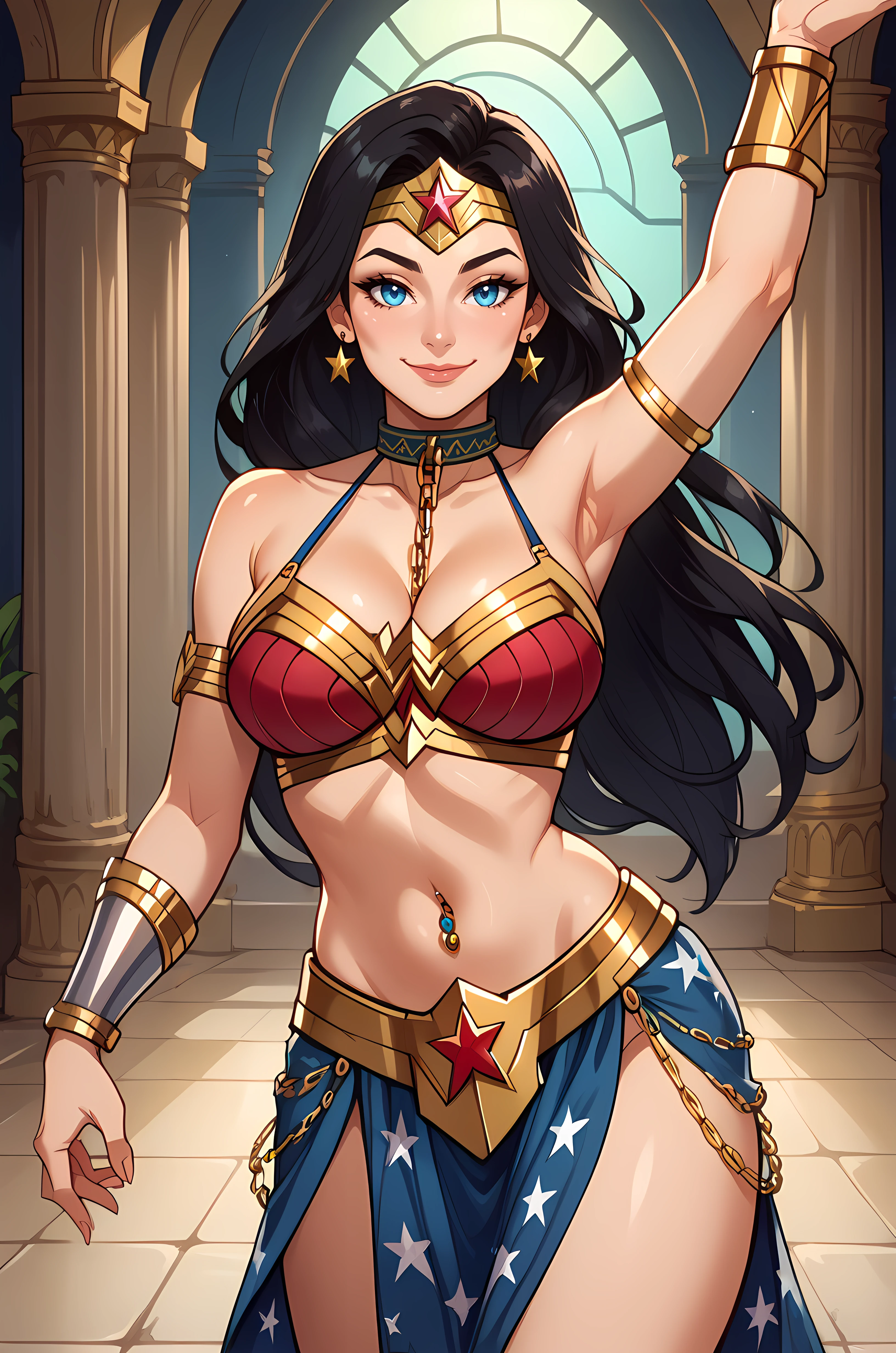 (Melhor qualidade, high resolution, obra de arte :1.3), Textura altamente detalhada do rosto e da pele, olhos detalhados, Double eyelid, wonder woman,dc,alternate hairstyle,black hair,blue eyes,looking at viewer,muscular female,shiny skin,smile,spread legs,thong,topless