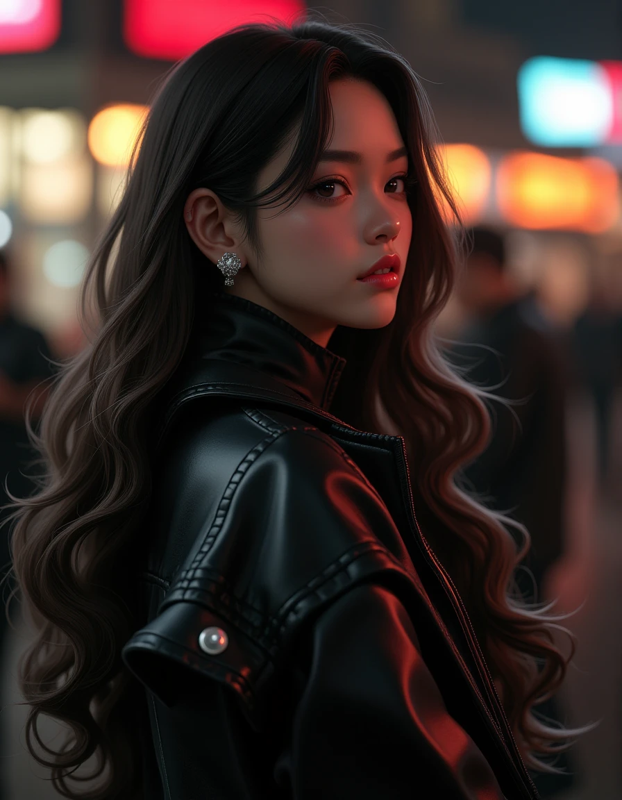 A cinematic moment of a female idol in a black leather jacket ,  <lora:K-popNijiV.2_000001000:0.75>