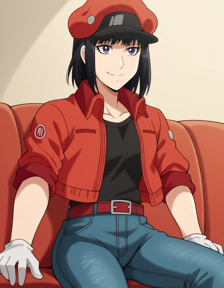 score_9, score_8_up, score_7_up, source_anime, <lora:red-blood-cell-nt4201-s1-ponyxl-lora-nochekaiser:1>, red blood cell nt4201, short hair, black hair, purple eyes,, shirt, gloves, hat, jacket, belt, pants, white gloves, black shirt, denim, red headwear, red jacket, jeans, cabbie hat,, living room, television, couch, popcorn, watching movie, night time, sitting,, smile, , hand with fingers spread out, solo,, cowboy shot, dutch angle