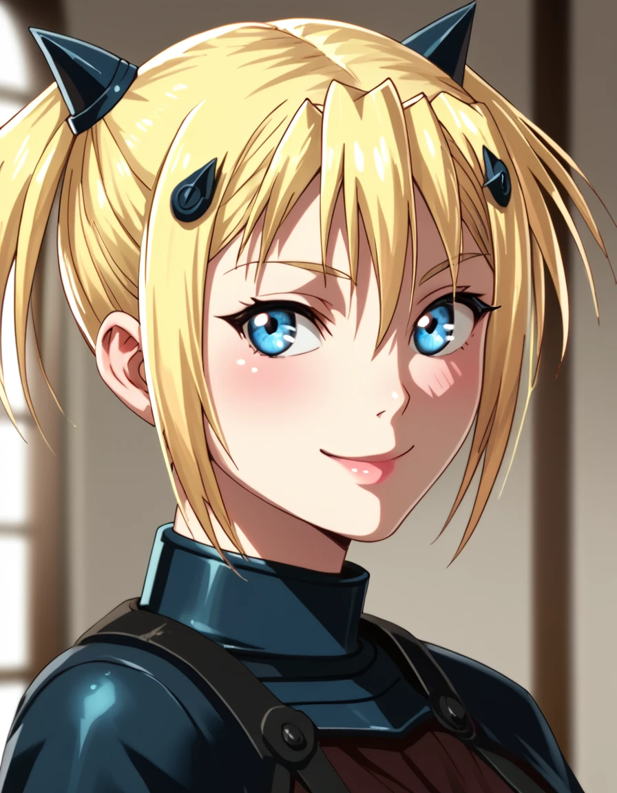 score_9, score_8_up, score_7_up, score_6_up, score_5_up, score_4_up, source_anime  <lora:PeterGrillPhilosophersTimeV2:1>, soft smile, portrait,  Lucy, short hair, blue eyes, blonde hair, hair ornament, short twintails,