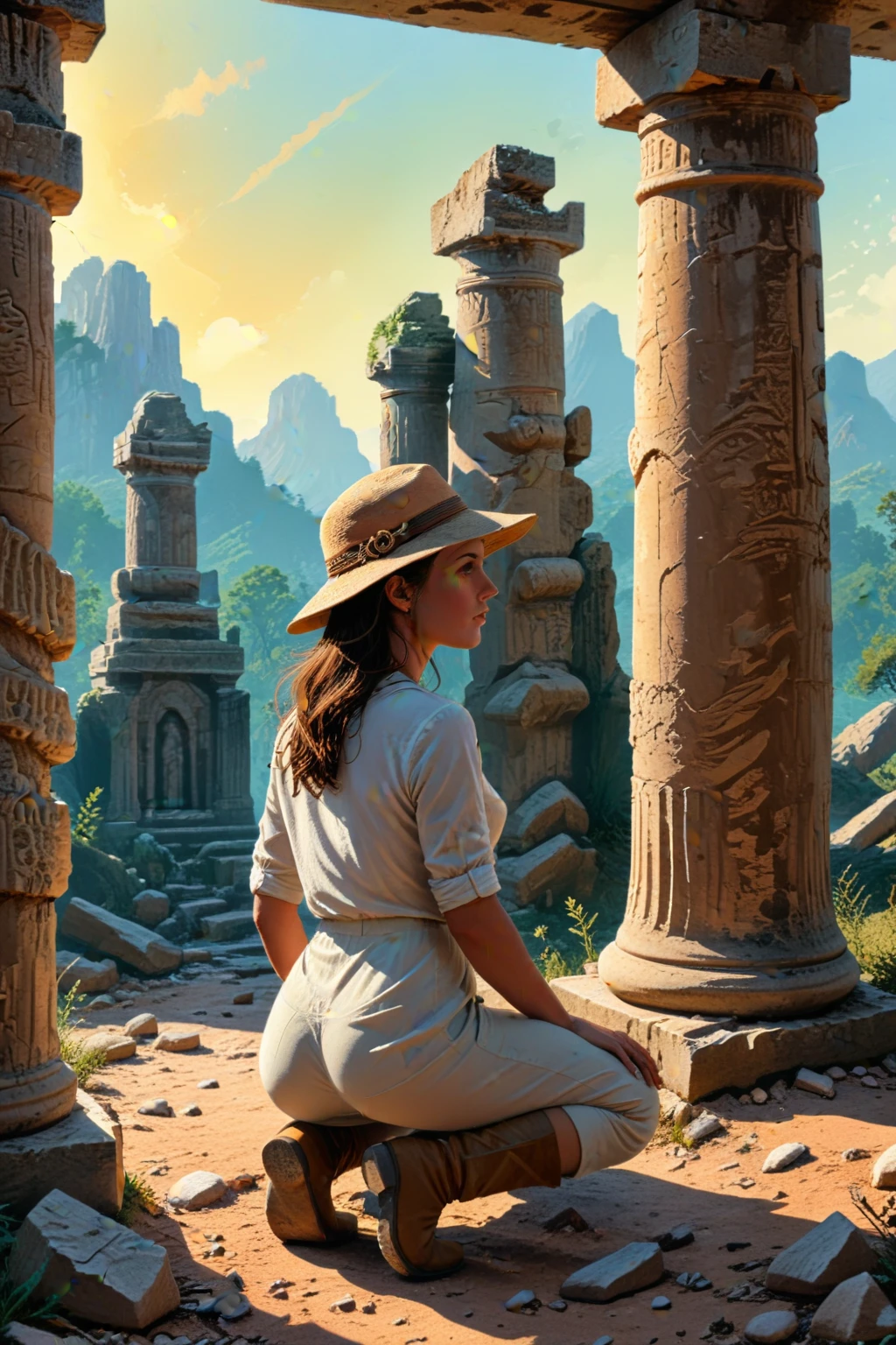 <lora:Graphic_Novel:0.5> graphic novel, In the heart of an ancient Greek ruin, a dedicated archaeologist kneels before a weathered Doric column, her keen eyes fixed upon a mysterious relic cradled in her gloved hands. The midday sun casts an ethereal glow across the site, bathing her in a soft, golden light that accentuates the contours of her focused expression.Her attire is both practical and adventurous; a beige, lightweight hiking shirt with rolled-up sleeves reveals strong, sun-kissed forearms, while her khaki cargo pants are tucked into sturdy, dust-coated boots. A wide-brimmed hat casts a shadow over her face, protecting her from the relentless Mediterranean heat as she works.In her hands, the artifactâa small, intricately carved stone figurineâglistens with a patina of age and wisdom. The archaeologist's fingers delicately trace the contours of the relic, her touch both reverent and inquisitive. As she examines the artifact, one can almost see the gears turning in her mind, piecing together the story of this ancient treasure.The temple itself is a marvel to behold, its once-majestic columns now weathered by time and the elements. The archaeologist's presence before this awe-inspiring structure highlights the contrast between the transient nature of human life and the enduring legacy of our ancestors' creations.