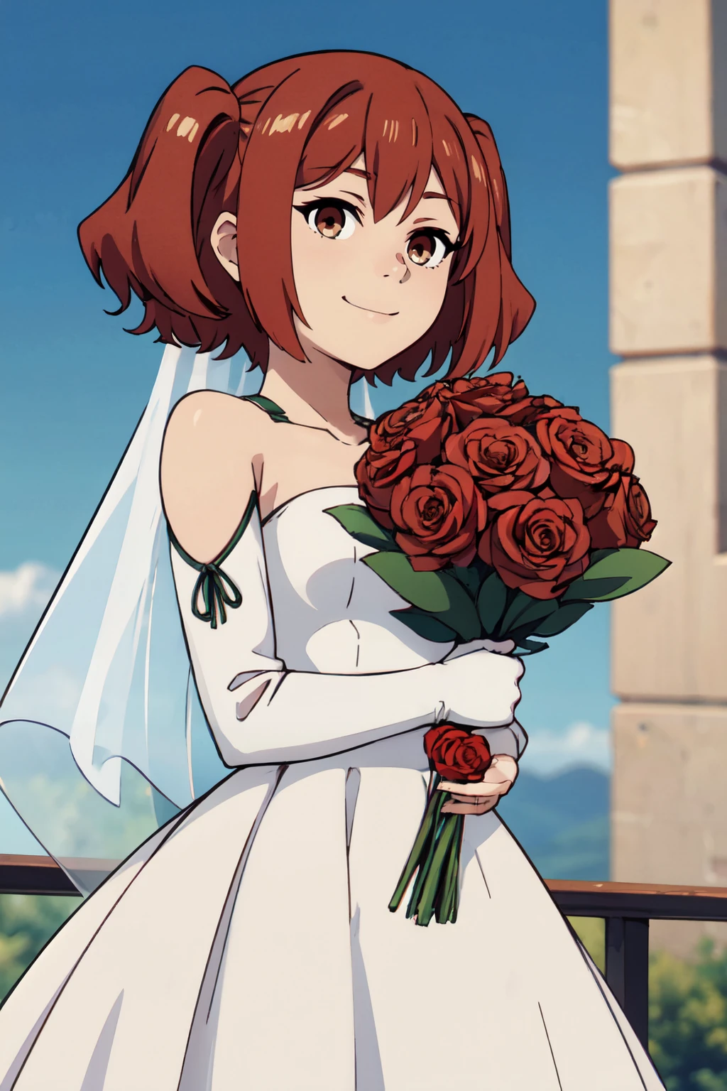 ((masterpiece,best quality)), absurdres,  BREAK, , <lora:Kanne_Sousounofrieren:0.7>,  zzkanne, short hair, brown hair, twintails, brown eyes, , BREAK, bride, wedding dress, bridal veil, strapless dress, elbow gloves, holding bouquet,, BREAK, solo, smile, looking at viewer, cowboy shot,