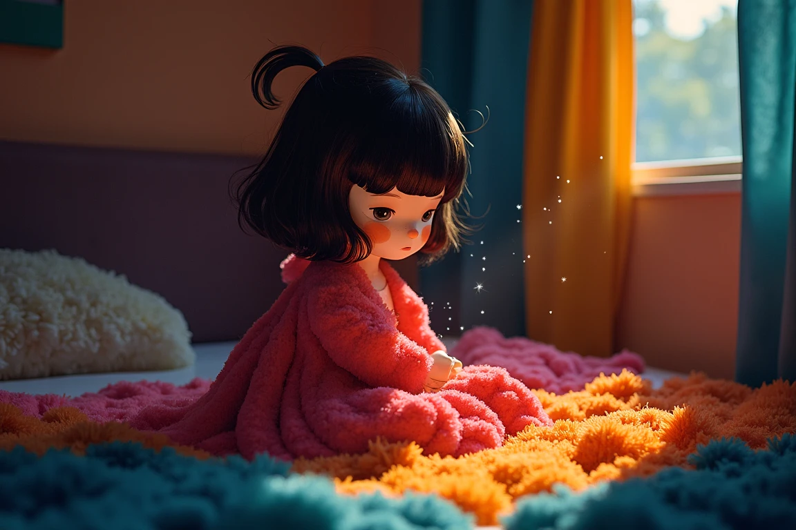 dark dreamy art of a cute little minimalist girl, colorful balenciaga, shaping lighting and shadows, cosy setting