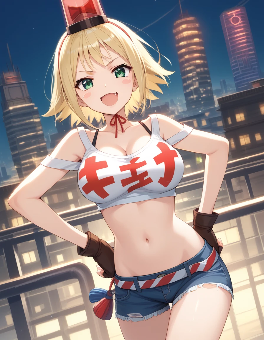 patoranran, blonde hair, green eyes, short hair,  blush stickers, large breasts, fang
 hairband, bare shoulders, bra strap, cleavage, cutoffs, crop top, midriff, fingerless gloves, brown gloves, navel, denim shorts, short shorts, belt, sneakers, groin,
 <lora:patoranran_pony_v2:1>
standing, dynamic pose ,
open mouth, blush,light smile
looking at viewer,(cowboy shot,:1.3),
 outdoors, city, score_9, score_8_up, score_7_up, score_6_up, BREAK source_anime, best quality,very aesthetic, zPDXL2,official art,1girl, solo,