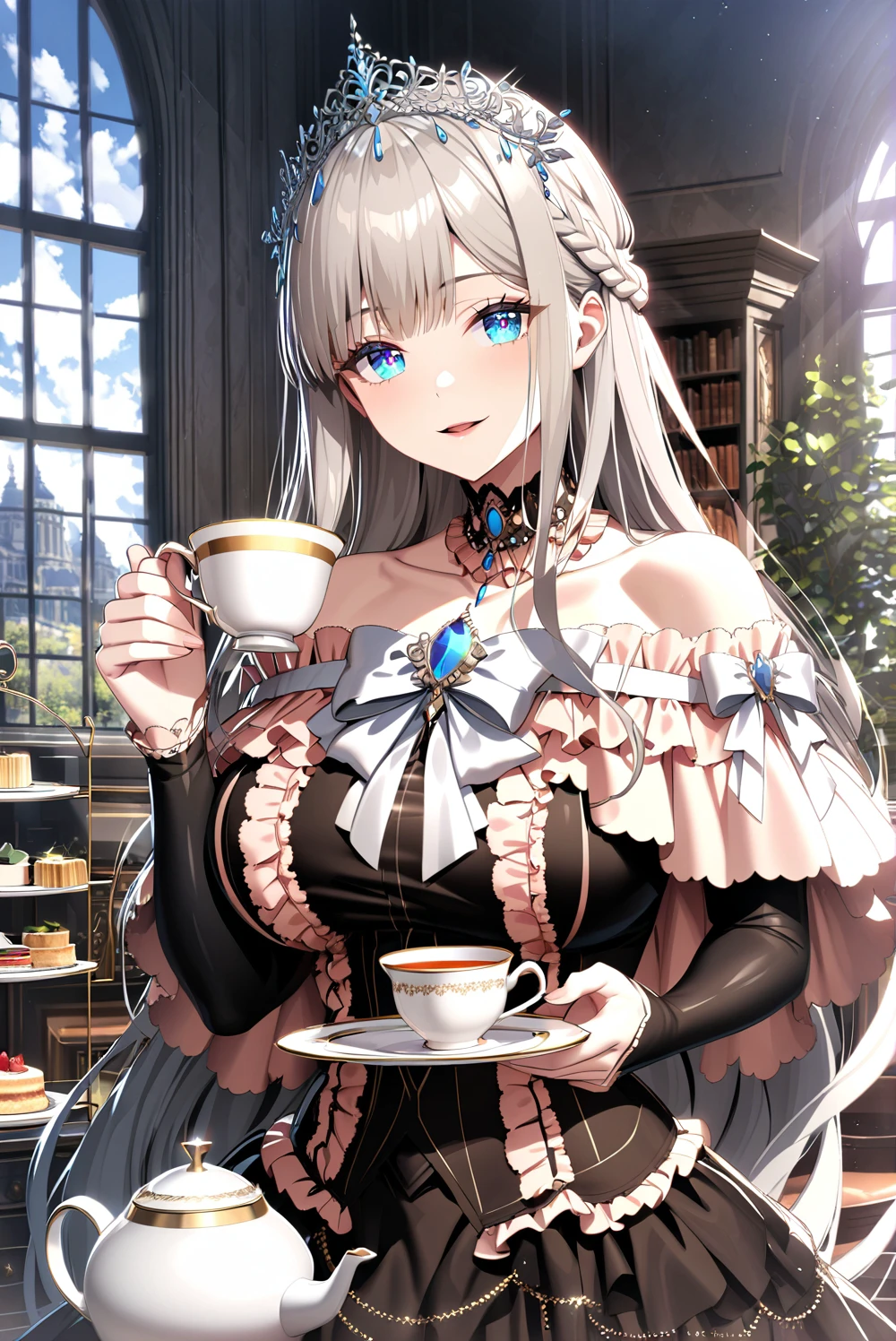 masterpiece, best quality, ultra-detailed, glistening shiny, glowing light, depth of field, (perfect face, detailed face, detailed eyes, perfect hands, perfect fingers), 8k, HD, HDR, ray tracing, perfect lighting, ultra-detailed, shiny eyes, looking at viewer, 1girl, mature female, thicc,
<lora:Cetea_aniXL_ia3_LT_v1:0.8>,
ceteaoujolt, french braid, bare shoulders, black dress, blue eyes, blue gemstone, blue brooch, bow, tiara, very long hair, silver hair, grey hair, choker, frilled dress, frills, jewelry, layered dress, long dress, black sleeves, off shoulder, off-shoulder dress, sidelocks,
smile,
holding cup, holding plate, holding saucer, indoors, large breasts, open mouth, parted lips, shelf, sidelocks, sitting, sunlight, table, tea, teacup, teapot, tiered tray, upper body, window, day