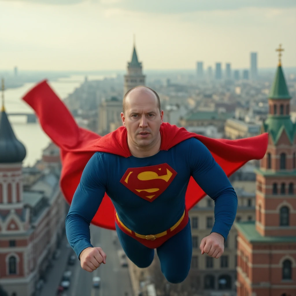 burunov, bald, in superman costume flying over Moscow, <lora:burunov_17GB-1024-Rank128-Epoch15-10:1>