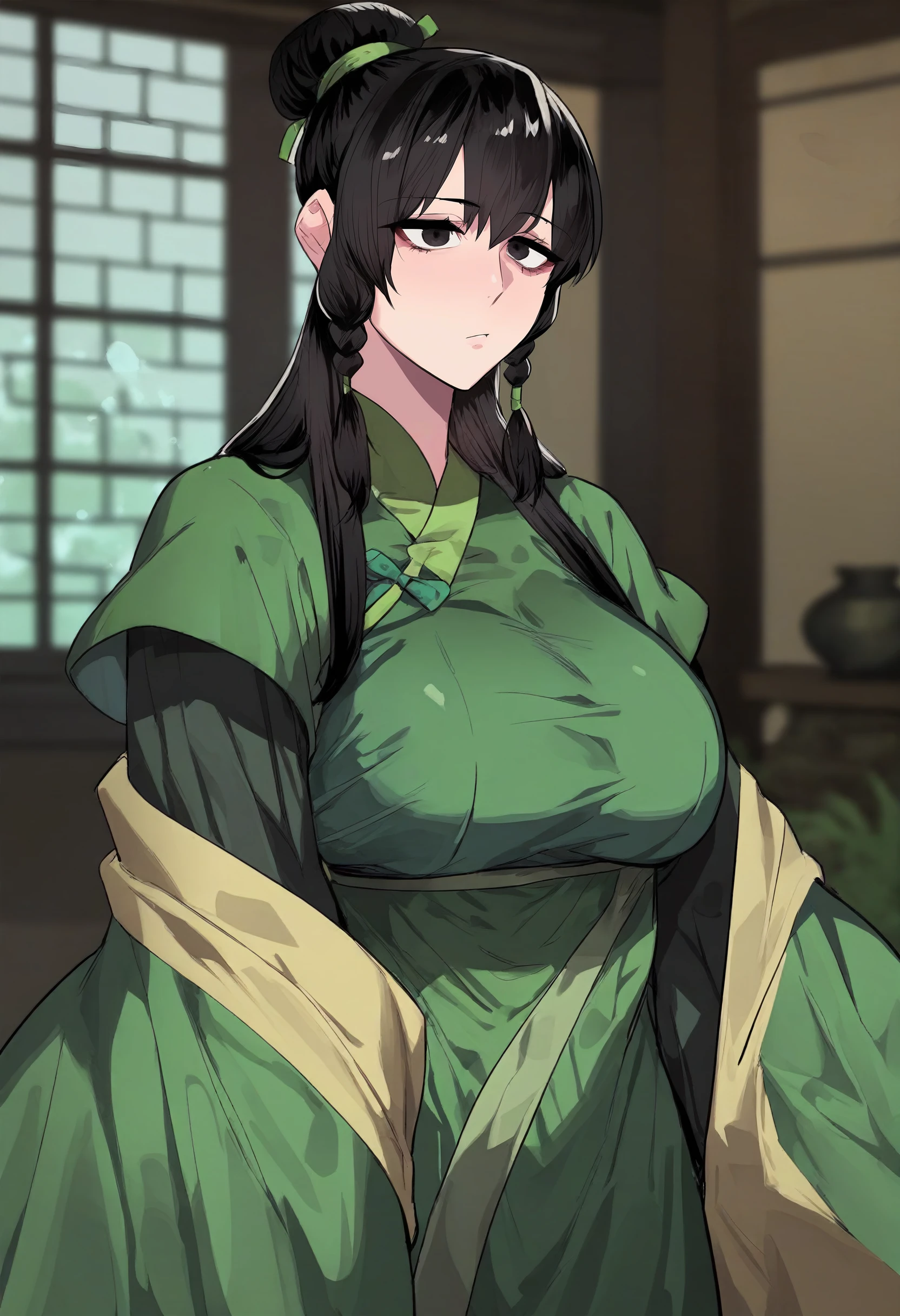 score_9, score_8_up, score_7_up, score_6_up, source_anime, rating_explicit, 1girl, solo, huge breasts,<lora:Jegal Su-Ran prefectPonyxl:0.9> long hair, black hair, black eyes, single hair bun, sidelocks, twin braids, hair tubes, hair over shoulder, chinese clothes, green dress, short over long sleeves, layered sleeves, wide sleeves, green ribbon, expressionless, indoors