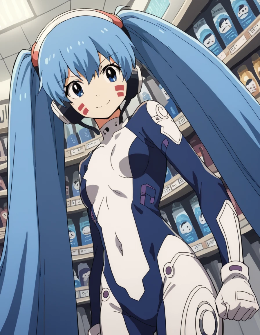 score_9, score_8_up, score_7_up, source_anime, <lora:hermit-mio-s1-ponyxl-lora-nochekaiser:1>, hermit mio, long hair, blue eyes, twintails, very long hair, blue hair, facial mark,, headphones, gloves, bodysuit, covered navel, pilot suit,, music store, browsing records, headphones, vinyl collection, nostalgic, smile, , hand making a fist, solo,, cowboy shot, dutch angle