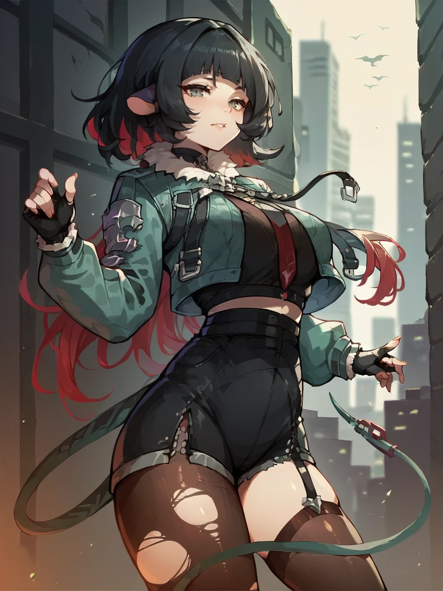 score_9, score_8_up, score_7_up, score_6_up, score_5_up,   <lora:janedoeXLP:0.8> 1girl, jane doe, solo, rat ears, black hair, torn clothes, fingerless gloves, jacket, shorts, pantyhose, thighhighs, multicolored hair, curvy, large breasts, city,