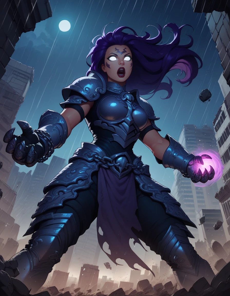 score_9, score_8_up, score_7_up,
1girl, solo,
FuryDG,
purple hair, no pupils, white eyes, facial tattoo, lipstick, long hair,
armor, gorget, gauntlets, shoulder armor, armored boots, no ears, 
open mouth, glowing eyes,
ruins, city, night, rain,
from below, 
fighting stance, chains, magic, battle, destruction,  glowing,
 <lora:Fury DG PXL v01:1>