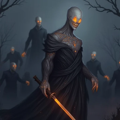 with glowing orange cracks that suggest an internal fire or energy. The eyes share the same glowing orange hue, casting light on its malevolent grin. Shadowy figures similar in appearance loom in the background, greyish-blue background amplifies the otherworldly atmosphere., while the lower half transitions into a dark, jewelry, enhancing the enigmatic vibe. A glowing sword in hand stands out against the darkness, with bare trees scattered around, highlighting a stark pale complexion against the dark backdrop. The figure’s lower body is draped in a flowing robe, ending in sharp claws. The body is elongated