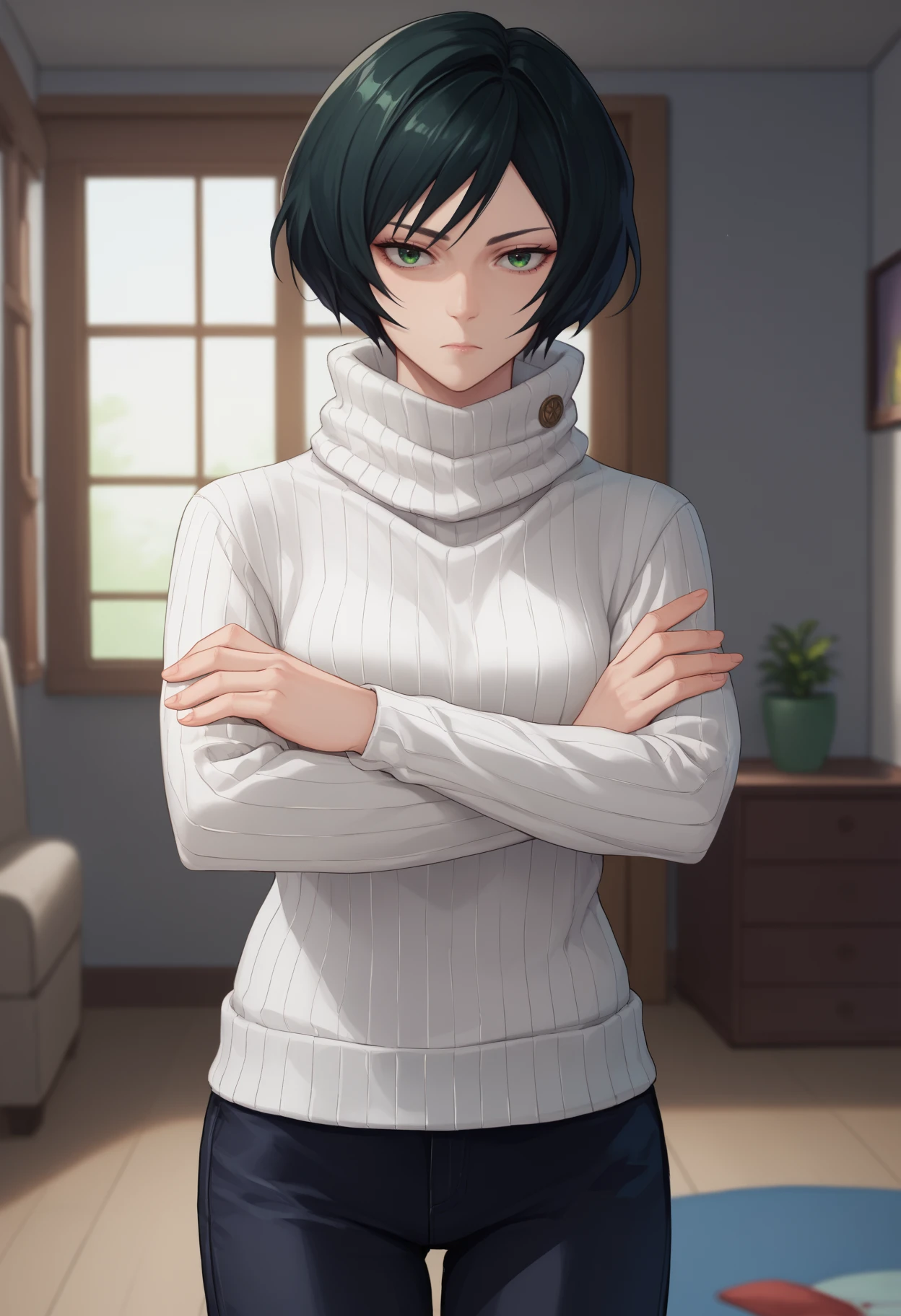 score_9, score_8_up, score_7_up, source_anime, <break> solo, 1girl, zenin mai, expressionless, looking at you, standing, crossed arms, black hair, green eyes, white sweater, ribbed sweater, turtleneck, black pants, indoors, living room
<segment:yolo-face_yolov8m.pt,0.4,0.5//cid=1>