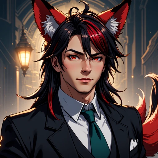 earth_kitsuna, a black and red haired fox in a formal suit