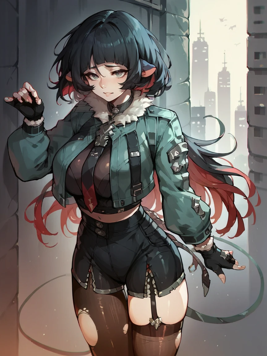 score_9, score_8_up, score_7_up, score_6_up, score_5_up,   <lora:janedoeXLP:0.8> 1girl, jane doe, solo, rat ears, black hair, torn clothes, fingerless gloves, jacket, shorts, pantyhose, thighhighs, multicolored hair, curvy, large breasts, city,