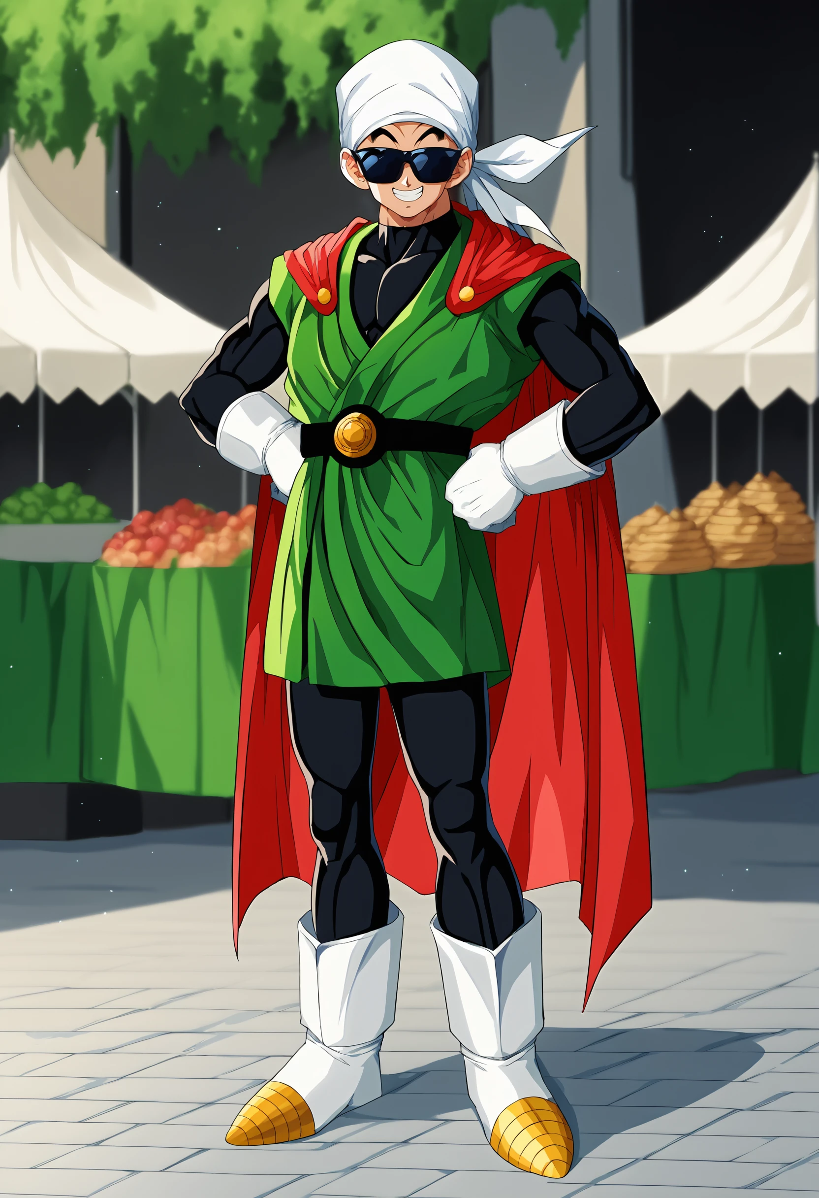 score_9,score_8_up,score_7_up,source_anime BREAK
gr34tsm4n,full body,black sunglasses,red cape,white gloves,white boots,hands on own hips,standing,white bandana,black belt,smile,looking at viewer,black bodysuit,green tunic,gold boots,covered eyes,<lora:DBZ Adult Gohan v52:1>,market, bazaar,,