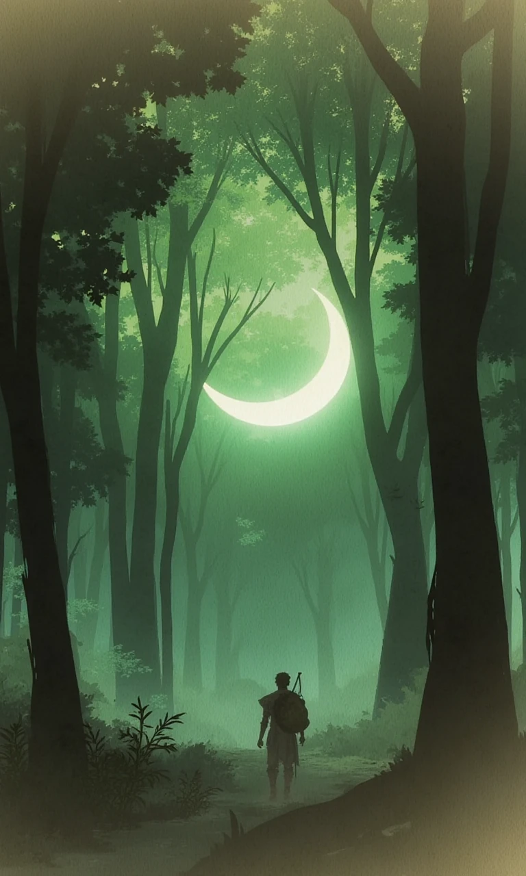 Under the pale glow of the crescent moon, a mysterious hero walks through an ancient forest, where the rustling leaves and distant whispers seem to carry the weight of forgotten secrets.