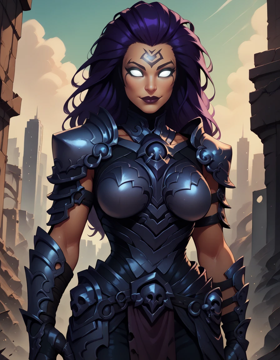 score_9, score_8_up, score_7_up,
1girl, solo,
large breasts, 
FuryDG,
purple hair, no pupils, white eyes, facial tattoo, lipstick, long hair,
armor, gorget, gauntlets, shoulder armor,breast plate, armored boots,
smile, closed mouth, half-closed eyes, glowing eyes, glowing,
ruins, city,
hand on own hip, 
 <lora:Fury DG PXL v01:1>