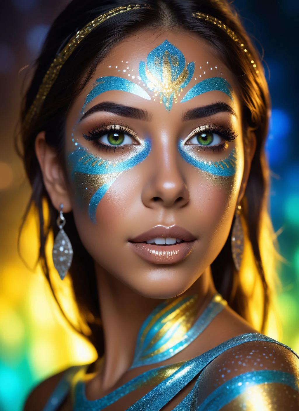 Ghost and [Egyptian|Folk] background
close-up of (girl, Latina, young, full lips, light green eyes, medium brown skin, smiling), blue silver face paint, DayGlo black gold holographic projected Crisis Point their skin