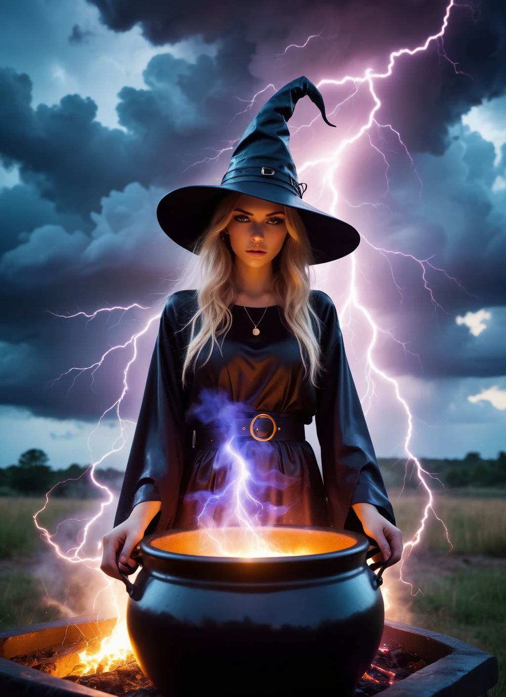 storm clouds, rain, lightning
beautiful, witch, behind cauldron, vibrant neon smoke surrounding