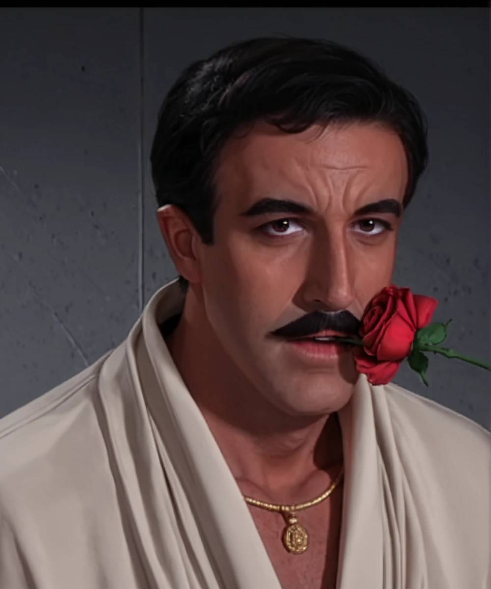 score_9 <lora:jacques_clouseau_FORPONY:1>1boy, solo,  clouseau, facial hair, black hair, mustache, disguise, dancer, flamenco, menacing, rose in mouth