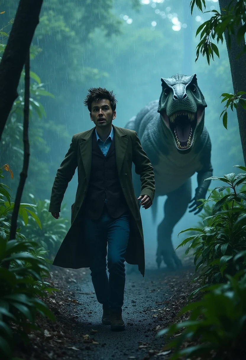Doctor Who running away from a t-rex in the jungle, cinematic, dark, rain