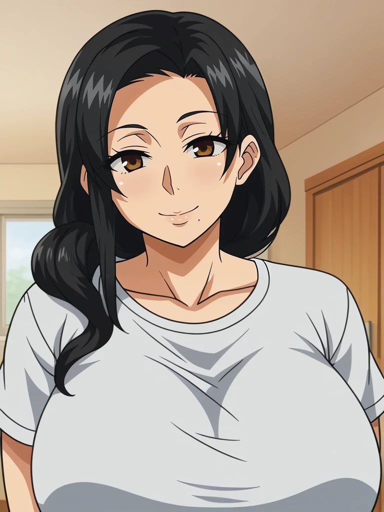 <lora:Tomoko-Hajimete_no_Hitozuma:0.7>,tomoko,mature female,1girl,solo,black hair,brown eyes,long hair,mole under mouth,huge breasts,t-shirt,upper body,smile,indoors,looking at viewer,