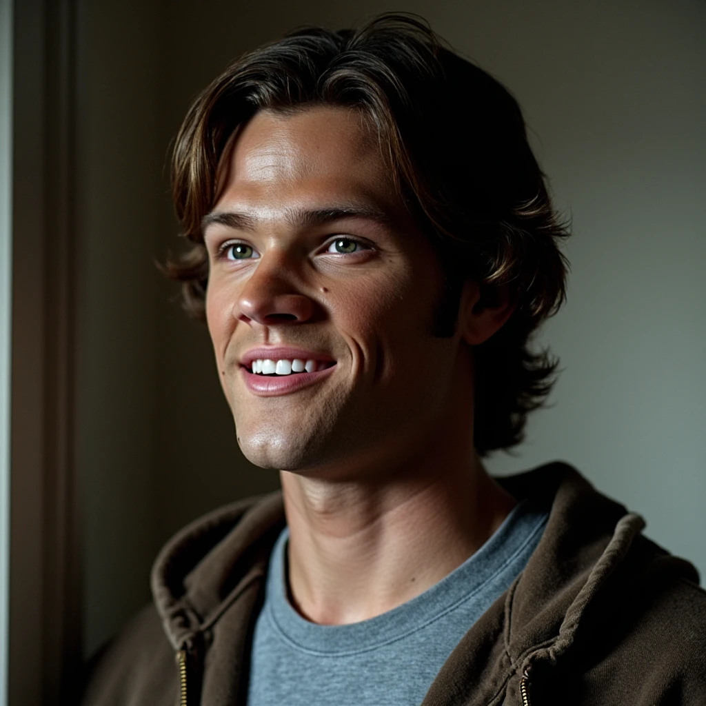 (padalecki, handsome male 20 yo, athletic) profile, looking away, smile, teeth, casual clothes, portrait, close up view