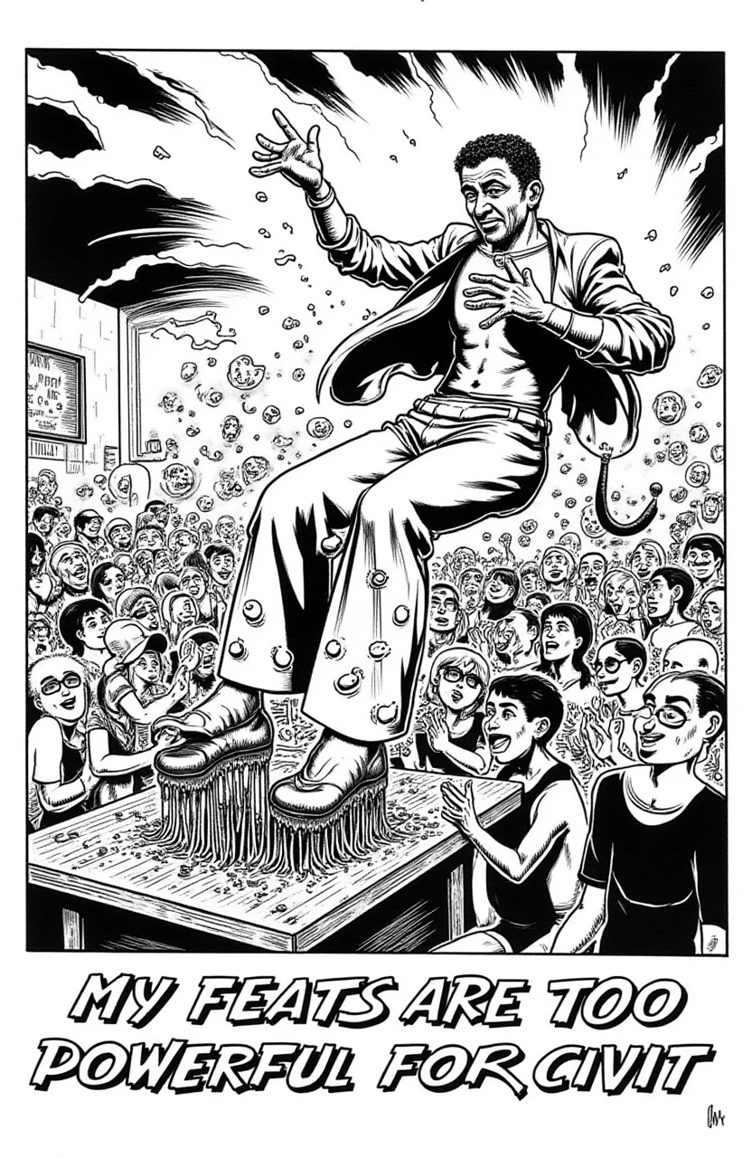 comic Monochrome The most popular man in the world is dancing as he takes flight self propelled inside of a crowded Taco Bell, text at the bottom reads "MY FEATS ARE TOO POWERFUL FOR  CIVIT", exceptional detail, perfect composition <lora:The_most_popular_man_in_the_world:1.0> . graphic illustration, comic art, graphic novel art, vibrant, highly detailed