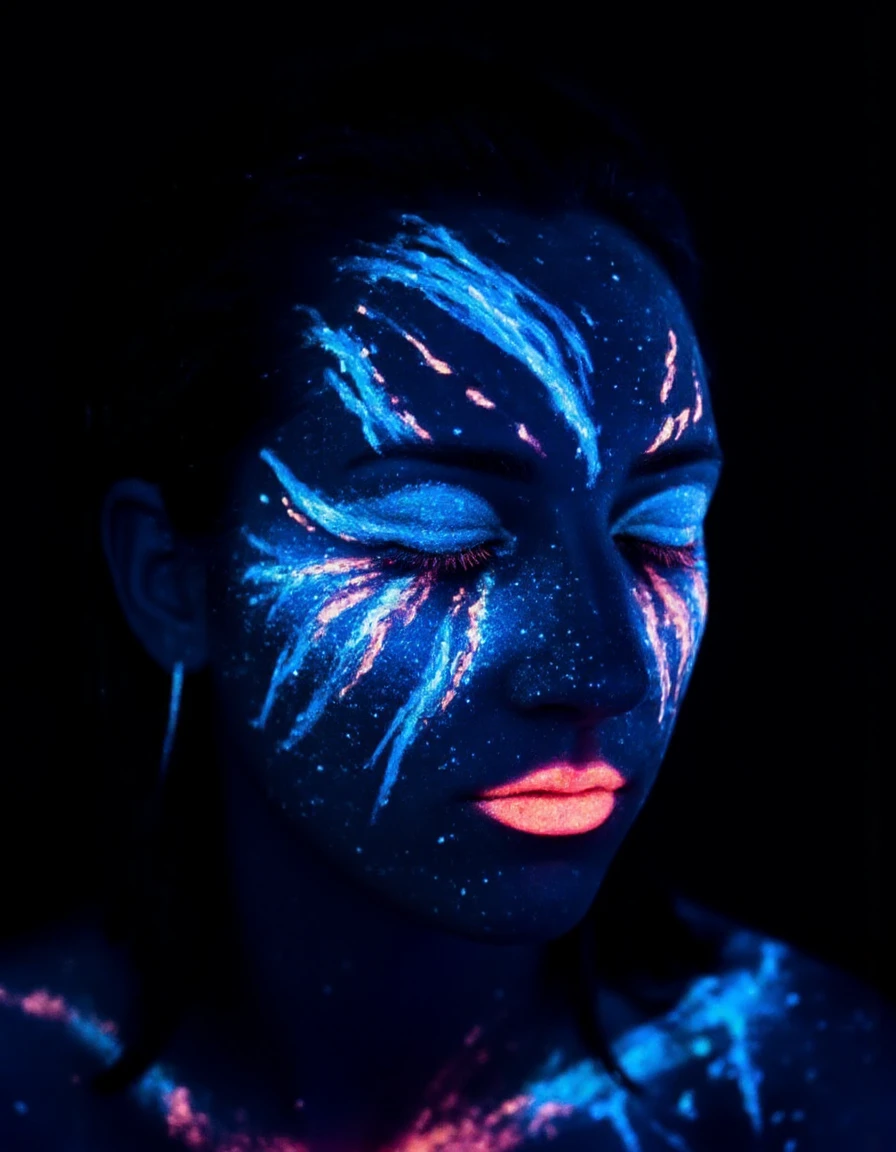 ,photography of a man with glowing ice-facepaint, <lora:black_lightUV_glow:1>