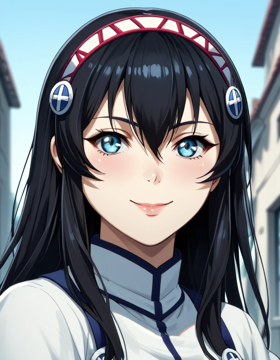 score_9, score_8_up, score_7_up, score_6_up, score_5_up, score_4_up, source_anime  <lora:PeterGrillPhilosophersTimeV2:1>, soft smile, portrait,  Luvelia, long hair, blue eyes, black hair, hair ornament, hair between eyes,