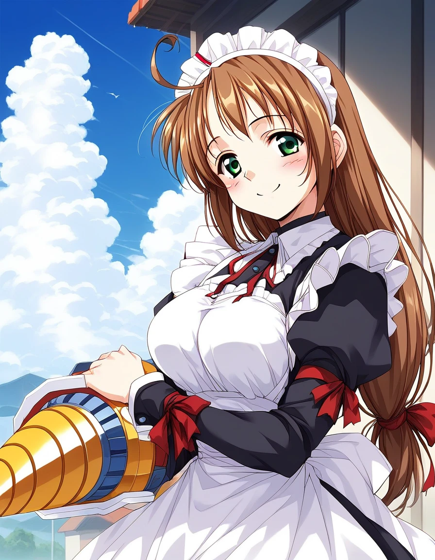 score_9, score_8_up, score_7_up, source_anime, rating_explicit, BREAK  <lora:Spiral_Nami_Ver2.0_XL:1> Spiral_Nami_drill, drill,  brown hair, green eyes, maid headdress, ahoge, low-tied long hair, maid, large breasts,
smile, apron, sky, cloud, day, outdoors, blush, looking at viewer, holding, ribbon, long sleeves, red ribbon, bow
outdoor, sky,