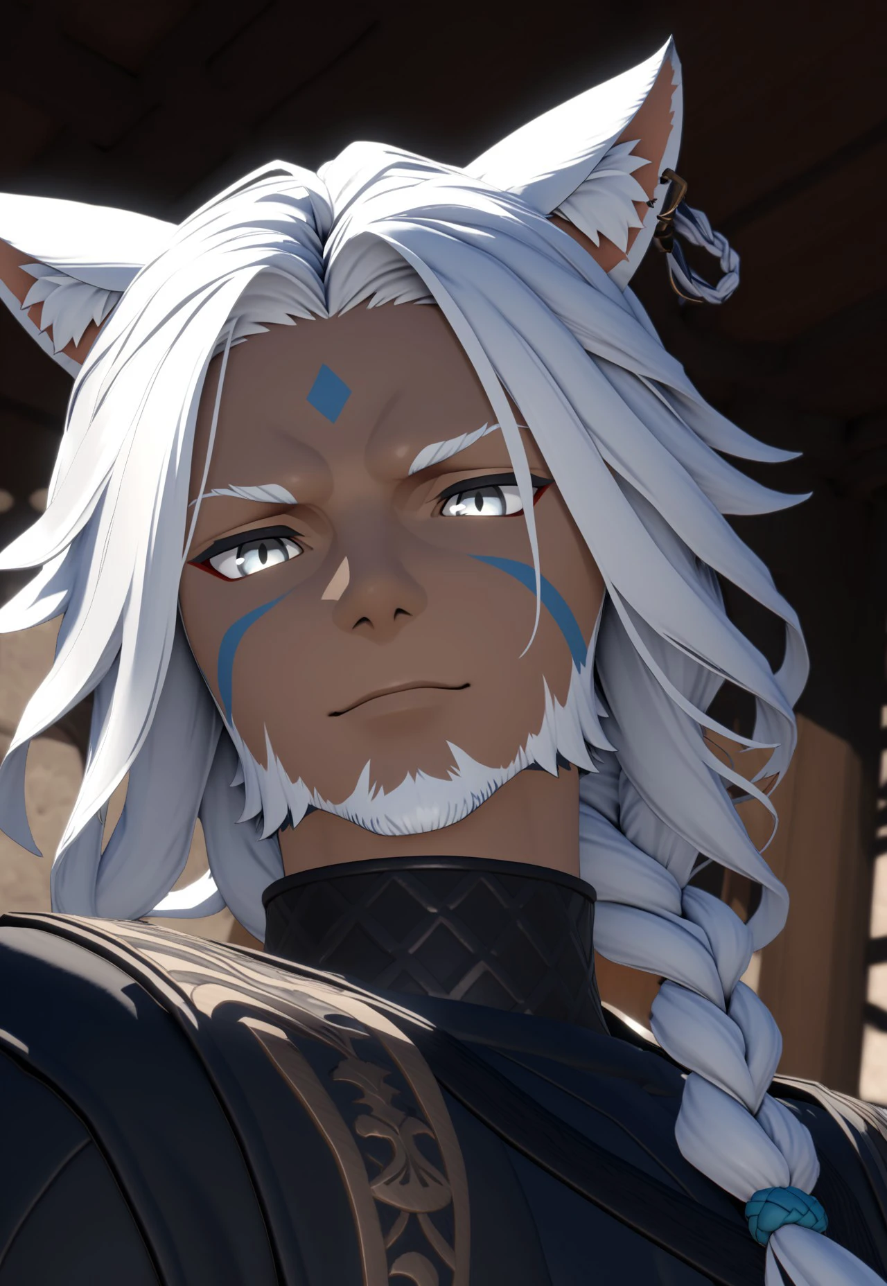 A cinematic shot, catboy, solo, animal ears, dark skin, 1boy, face_2_xiv, dark-skinned male, male focus, dreadlocks, facial hair, cat ears, white hair, beard, portrait, braid, facial mark, white eyes, closed mouth, miqo'te, ffxiv, 3d, masterpiece, best quality, very aesthetic, absurdres